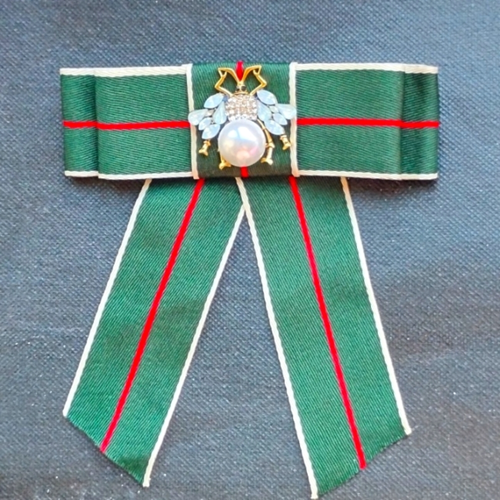 Green Ribbon Brooch with Pearl and Crystal Insect